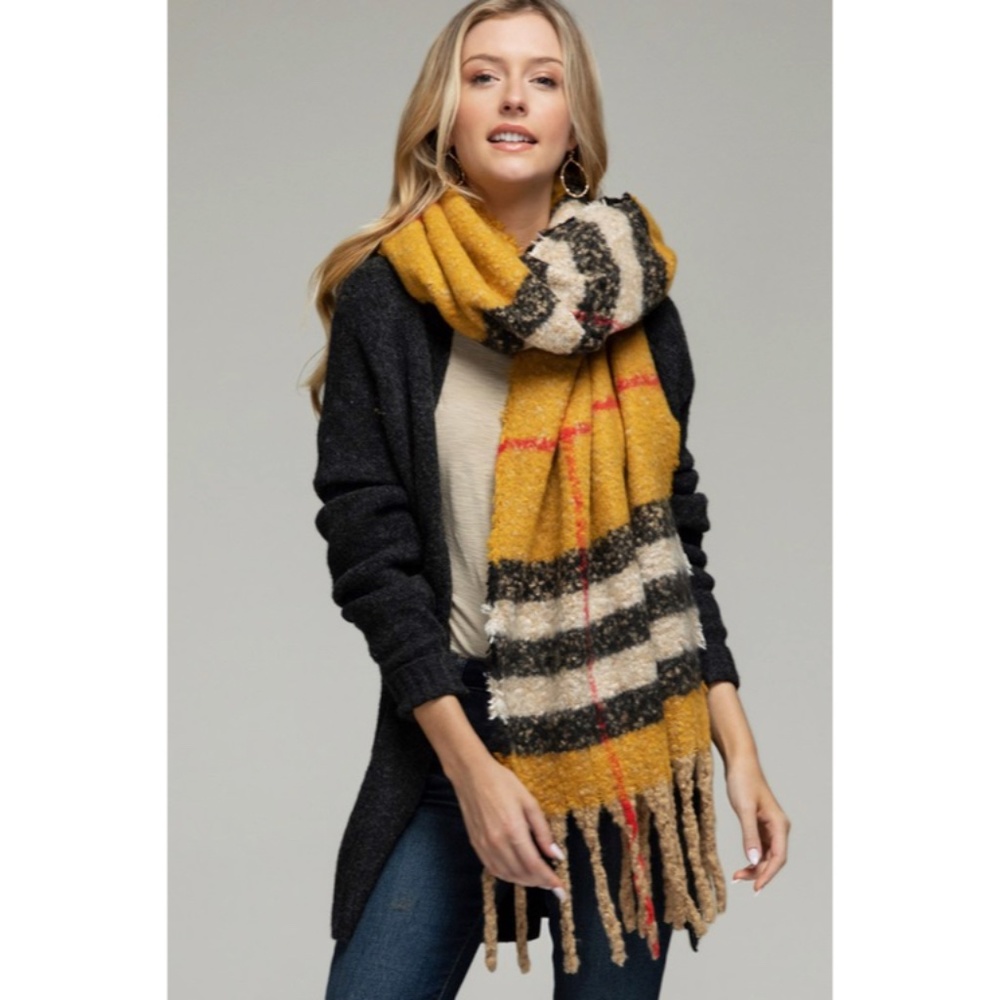 SOLD OUT Mustard Plaid Boucle Oblong Winter Fall Women's Casual Scarf w/ Fringe - Picture 2 of 4